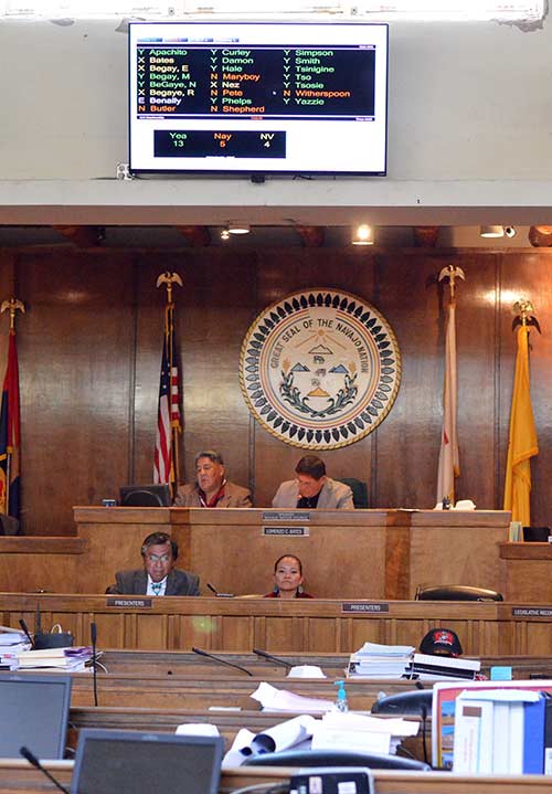 Navajo Nation Council Delegate Leonard Tsosie, left, and agent of the override bill that sought to amend language requirements within the Navajo Nation Election Code, watch the final votes get displayed on a TV monitor, Thursday evening during a special session in Window Rock. The bill failed by a vote of 13-5. (Times photo - Donovan Quintero)