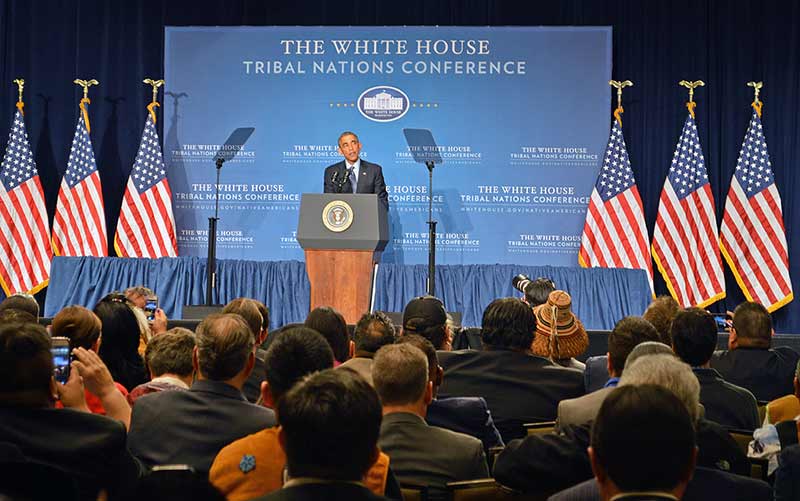 White House1.jpg President Barack Obama addresses a crowd of tribal leaders during his sixth annual White House Tribal Nations Conference on Wednesday. (Special to the Times - Alysa Landry) 
