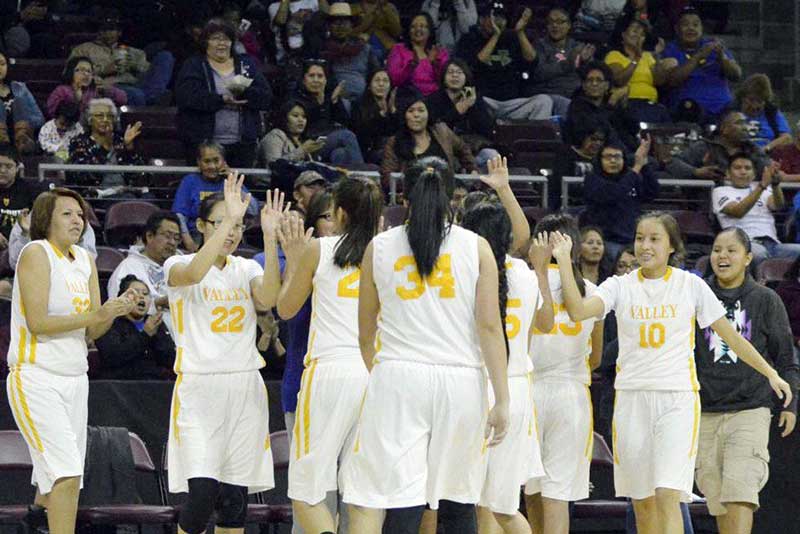 The Valley Lady Pirates celebrate their victory over the Arizona Lutheran Lady Coyotes on Friday during the Division  IV girls semifinal game. (Times photo - Donovan Quintero) 