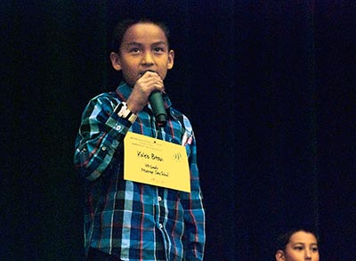 Kaleb Bitsui, a fourth grader at Moencopi Day School in Moenkopi, Ariz. was one of 27 contenders in the fourth grade competition on Feb. 12 during the Western Navajo Agency Regional Spelling Bee, which took at the Greyhills Academy High auditorium. Bitsui will head to the Navajo Times’ Navajo Nation Spelling Bee as the second runner-up in March. (Times photo – Krista Allen)