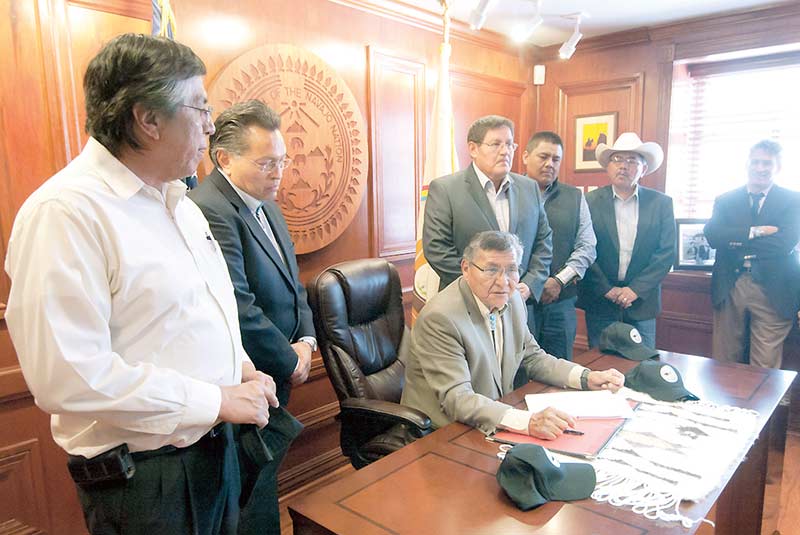 Navajo Nation President Ben Shelly speaks about the gaming compact during a signing ceremony on Tuesday in Window Rock. (Times photo - Donovan Quintero)