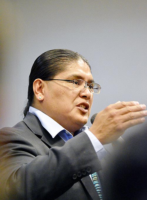 Former Navajo Nation Presidential candidate Chris Deschene speaks at a Navajo Voter's Rights Coalition meeting on Friday night at San Juan College in Farmington, N.M. (Times photo - Donovan Quintero)