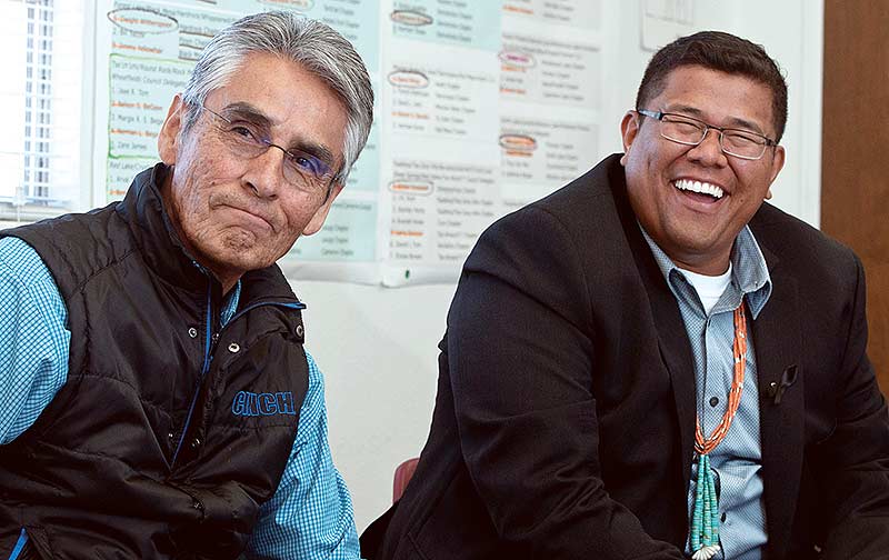 Navajo Nation Presidential candidate Joe Shirley Jr. and running mate Dineh Benally have a moment of laughter during an exclusive interview with the Navajo Times on Monday in Window Rock. (Times photo - Donovan Quintero)