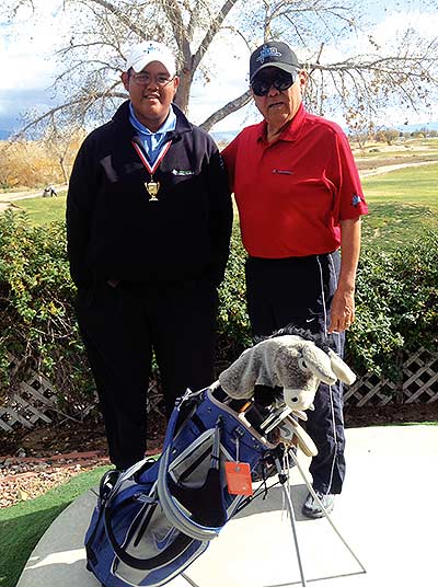 West Mesa senior Grant Shorty (left) enters the New Mexico Class 6A state golf tournament as a person to watch after winning the District 5-6A title last month. Shorty is hoping to improve on his 16th place finish last season. He is pictured here with Notah Begay II. (Courtesy photo) 