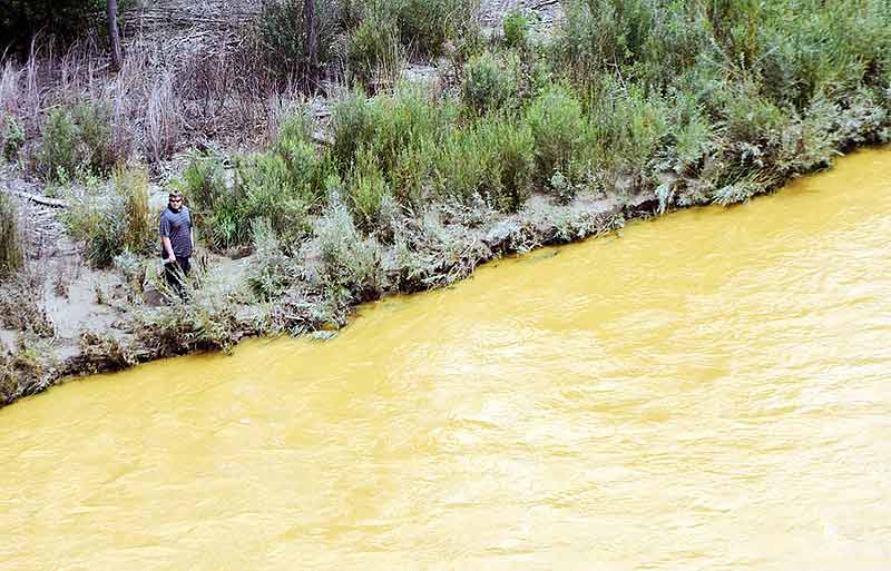 A man walks to the bank of the Animas River and San Juan River confluence on Saturday as contaminated wastewater flows by him in Farmington. (Times photo – Donovan Quintero)