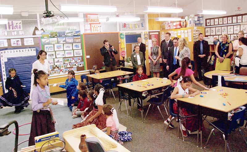 Arizona Gov. Doug Ducey visits a third-grade class at Puente De Hózho Elementary in Flagstaff. Ducey visited Flagstaff Unified School District’s bilingual magnet school as part of his statewide back-to-school tour. 
