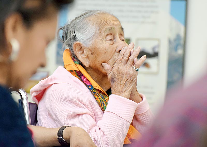 Navajo Times | Krista Allen Helen Nez Yellowman, 85, from Montezuma Creek, Utah listens attentively March 20 during Utah Diné Bikéyah’s Bears Ears meeting at the Welcome Center in Tsébii’ndzisgaii, Utah.