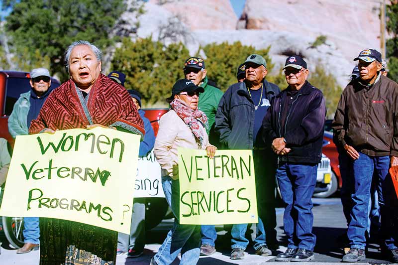 Navajo Times | Adron Gardner Katherine Benally speaks about shortcomings in veterans’ care during a veterans march to the Office of the President and Vice President in Window Rock on Nov. 18.