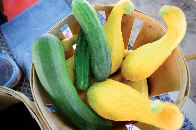 Bright green and yellow vegetables form a pattern in a basket.