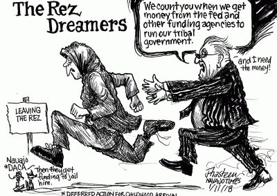 The Rez Dreamers. Man chasing a Navajo dreamer, fleeing the reservation. Man says, we count you when we get money from the fed and other funding agencies to run our tribal government. Sidekicks say, Navajo DACA. Then they get funding to jail him.