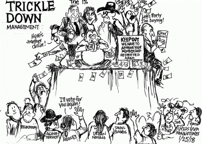 Trickle Down Management. Delegates handing out money, Navajo law, and partying on a platform, why the needy stand below them.