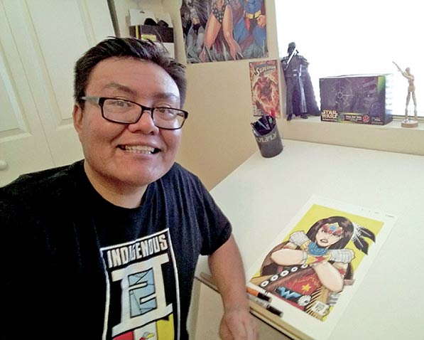 environmental portrait with comic book in background on table