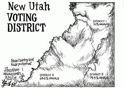 New Utah Voting District map showing sleeping bear. District 2 65.6 Navajo; District 3 79.9 percent Navajo. District 1 11.1 percent Navajo. Sidekick says Bear Country and Bear Protected!