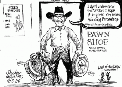 Cowboy coming out of pawn shop with all his equipment and medals. Sidekicks say Luck of the Draw investment!