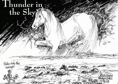 Thunder in the Sky. Giant horse surrounded by thunderstorm rides into the sunset.