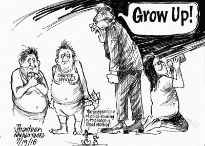 Man in suit yelling "Grow Up!" to chapter officials wearing diapers and holding wads of money. Another official kneels and drinks from a bottle. Sidekicks say, The first principle of child-rearing is to choose a good mother!