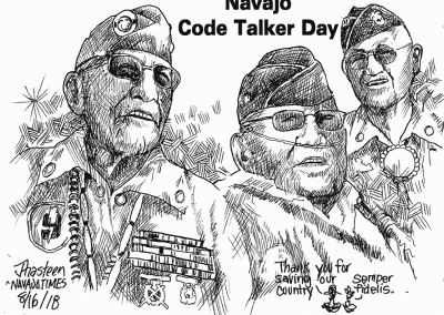 Navajo Code Talker Day, showing three code talkers in uniform. Sidekicks say Thank you for saving our country. Semper fidelis.