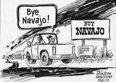 People leaving rez, saying Bye Navajo, waving to sign that reads Buy Navajo.