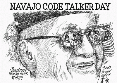 Navajo Code Talker smikes with sunglasses on, reflecting World War II. Sidekicks say thanks for your service.