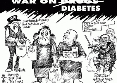 War on Diabetes! Sidekicks say living on junk food tax. No longer a war on drugs. Nez holds evidence bag and cops hat and tells people to drop those dangerous food and raise your hands.