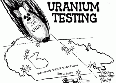 Uranium Testing. USA Missile bears down on Navajo Reservation. Sidekick in cowboy hat, while running, says, Bombs away. Rez dog chases sidekick.