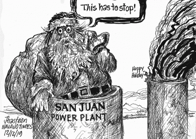 Santa going down the chimney stack of the San Juan Power Plant. He complains: "This has to stop."