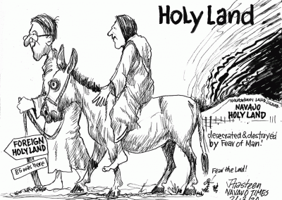 Holy Land. Man riding donkey being led to the foreign holy land anway from the Navajo Hopi land dispute area.