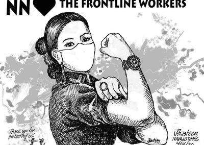 Navajo version of Rosie the Riveter with facemask on. NN loves the frontline workers. Thank you for protecting us.