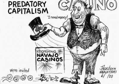 Reopening Navajo casinos. Casino clown welcomes all in. Title says Predatory capitalism.