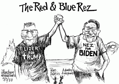 The Red and Blue Rez. Lizer for Trump holds a victory hand up in the air with Nez for Biden. Sidekicks call them a donkey and elephant and brand it rez politics.