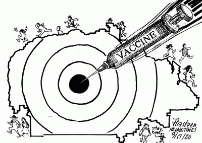COVID vaccine syringe pointing at bullseye in center of Navajo Nation map and people scattering all directions away from him. Sidekick says stay home.