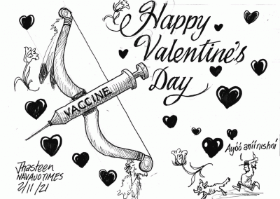 Happy Valentines Day: Cupid's bow and arrow features a COVID vaccine needle. Heart bubbles float through the air.
