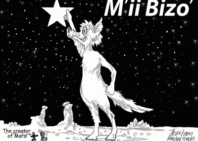 Coyote Touches a star and declares, M'ii Bizo'. Sidekicks proclaim, The creator of Mars.