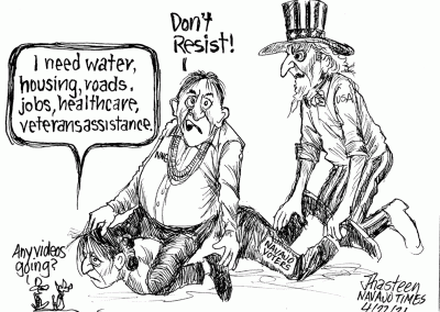Uncle Sam kicking helping NNG guy. NNG guy is sitting on back of Navajo Voters. Voters say, I need water, housing, roads, jobs, healthcare, veterans assistance.