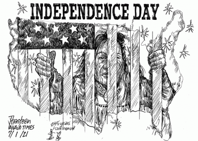 Independence Day: Native person behind bars of United States map.