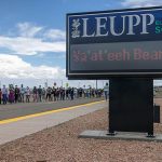 Dozens of fans greet man walking in bear suit
