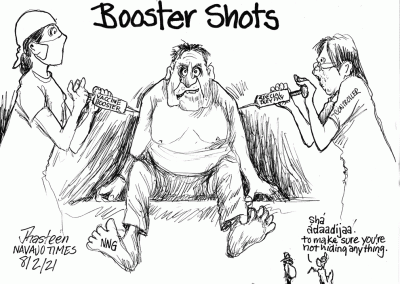 Booster shots. Vaccine booster into one arm. Special duty pay into the other arm of hairy, fat, overweight guy who represents Navajo Nation Government. Controller shoots the special duty pay into the other arm. Controller is wbat appears to be female but unshaven on face unmasked.
