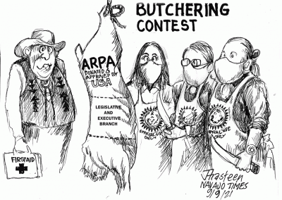 Butchering contest, where tribal officials try to cut up sheep representing ARPA and legislative and exeuctive branch.