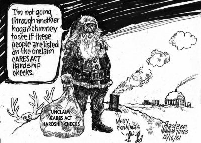 Santa carries bag of unclaimed CARES Act hardship checks. He says, I'm not going through another hogan chimney to see if these people are listed on the unclaim CARES Act hardship checks. Sidekicks say Merry Christmas.