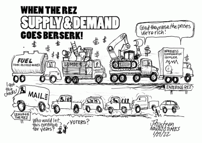 When the rez's supply-and-demand goes berserk: Mail carrying hardship checks leaving rez, followed by cars. Fuel, lumber, construction crews race onto the rez with increased prices.