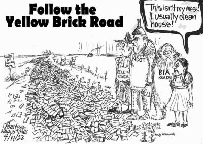 Follow the yellow brick road. Road agencies look dejectedly at road in disrepear.