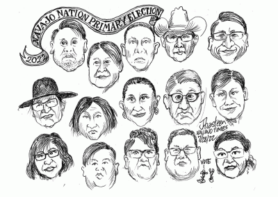 2022 Navajo Nation primary election. Faces of all the presidential candidates. Sidekicks say to go out and vote.