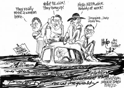 Presidential candidates and their vice-presidential picks sit atop car stranged in a flooded river of unemployment, social injustice. poverty, inflation, and more.
