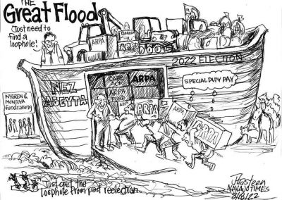 The Great Flood. Nez-Abeyta campaign makes off with ARPA funds, while Nygren-Montoya campaign is off to the side of an ark raising funds. Sidekicks say just get the loophole from past reelection.