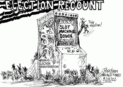 666 slot machine. Represents election recount. Sidekicks try to pull level for a fair election. Slot machine represents Navajo Election Administration.