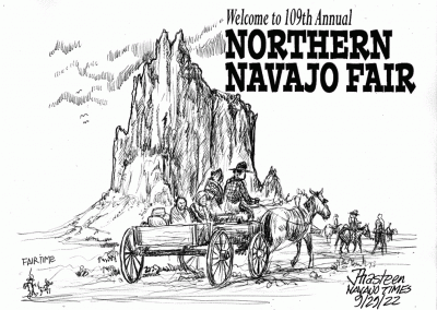 Northern Navajo Fair. Family rides in horse-drawn wagon towards Shiprock.