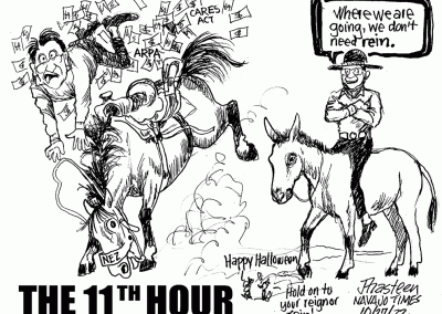 The 11th Hour. Bucking bronco with Nez on rein throws ARPA and Cares Act money off, along with man. Another man riding a donkey says where we are going we don't need rein.