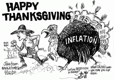 Giant turkey named Inflation chases Navajos, running hard from it.
