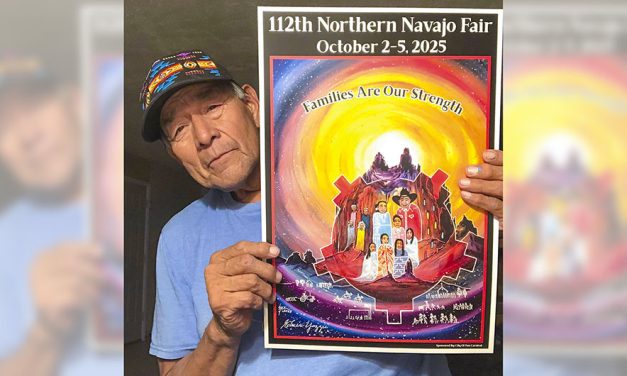 Families stand together in Elmer Yazzie’s winning poster for Northern fair