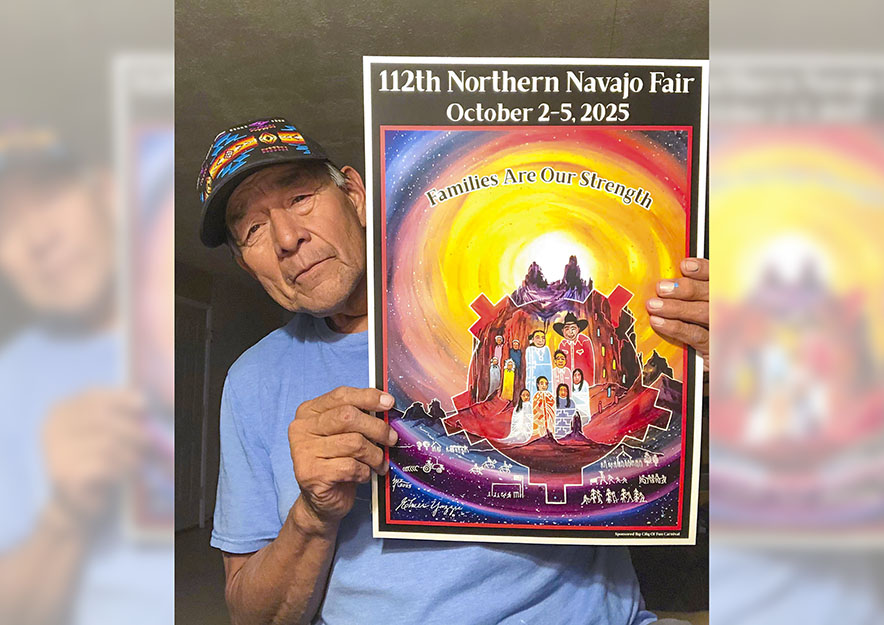 Families stand together in Elmer Yazzie’s winning poster for Northern fair